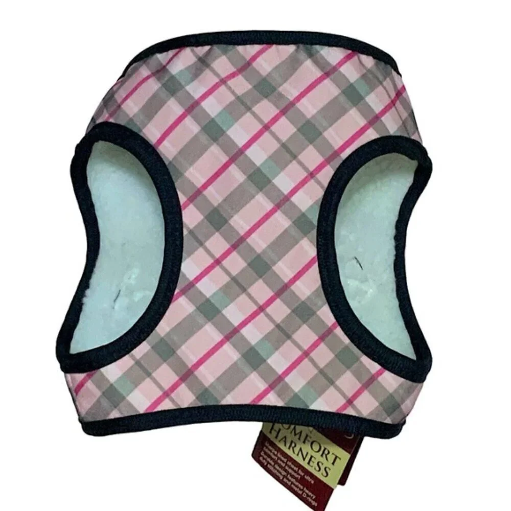 American Kennel Club Dog Harness Vest Designer Tartan Plaid Sherpa Lined Pink M